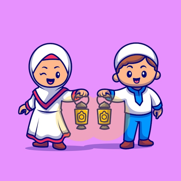 Cute Girl And Boy Moslem Bring Lantern Lamp Cartoon Vector Icon Illustration. People Religion Icon Concept Isolated Premium Vector. Flat Cartoon Style