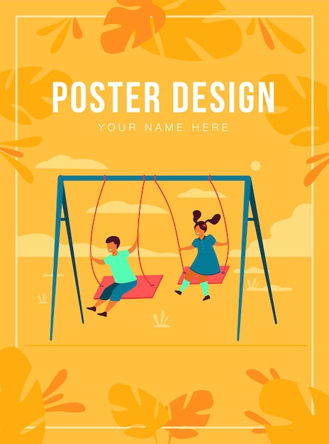 Free vector cute girl and boy swinging and enjoying holiday isolated flat  illustration. cartoon happy friends playing on playground. nature camp and weekend concept