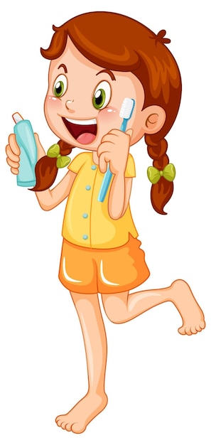 Cute girl cartoon character brushing teeth