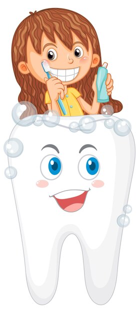 Cute girl cartoon character brushing teeth