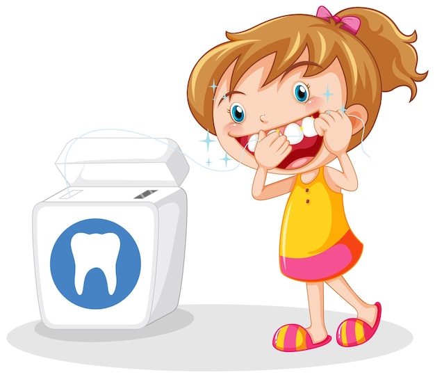 Free Vector cute girl cartoon character flossing teeth