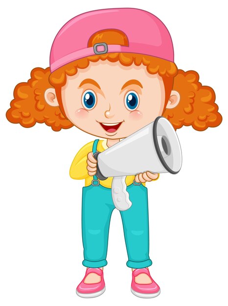 Cute girl cartoon character with curly pigtail hair holding mega