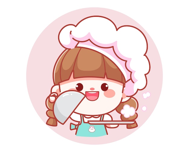 Cute girl Chef holding Tray Platter Plate Over banner logo cartoon art illustration