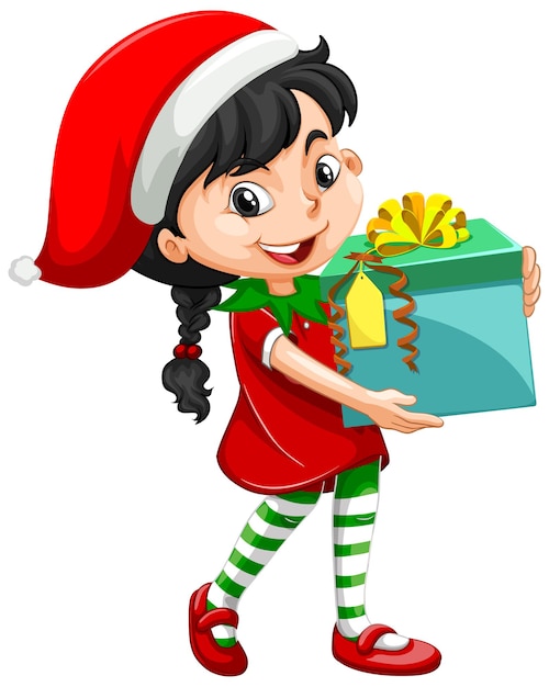 Cute girl in christmas costume holding gift box cartoon character