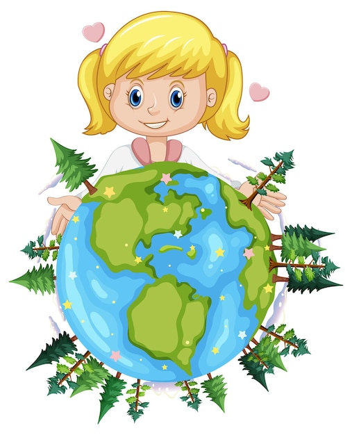 Free vector cute girl on earth planet cartoon