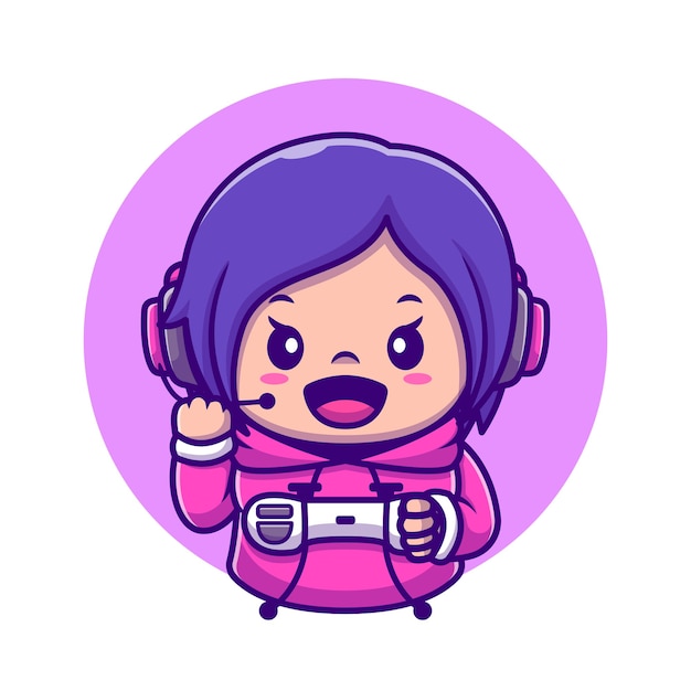 Cute Girl Gaming Holding Joystick Cartoon Icon Illustration. People Technology Icon Concept Isolated  . Flat Cartoon Style