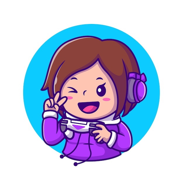 Cute Girl Gaming Holding Joystick With Hand Peace Cartoon Icon Illustration. People Technology Icon Concept Isolated  . Flat Cartoon Style