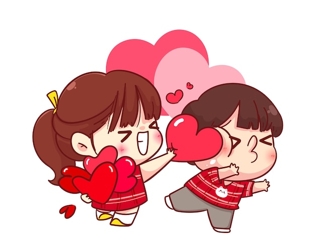 Free vector cute girl gives her heart to her boyfriend, happy valentine, cartoon character illustration