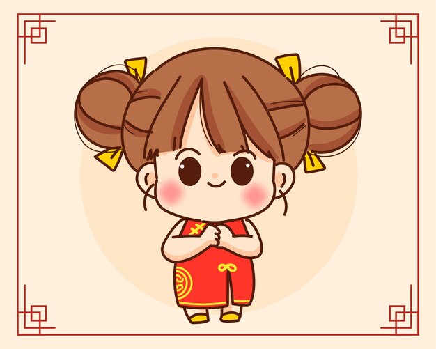 Cute girl greeting happy chinese year character festival celebration hand drawn cartoon art illustration