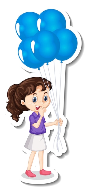 Free vector cute girl holding balloons cartoon character sticker