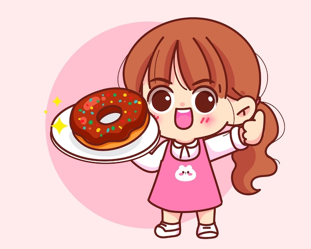 Free Vector cute girl holding donut  bakery sweet food logo cartoon hand draw character vector art illustration