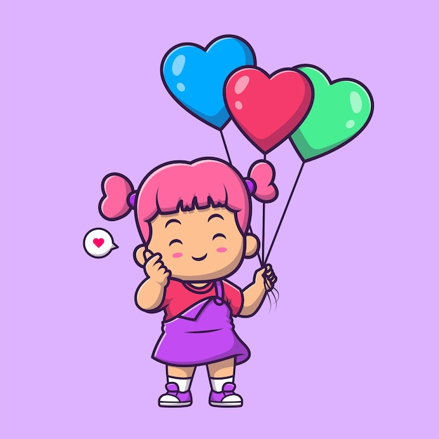 Cute Girl Holding Love Balloon Cartoon Vector Icon Illustration People Holiday Icon Isolated Flat