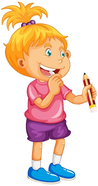 Cute girl holding a pencil cartoon character isolated on white background