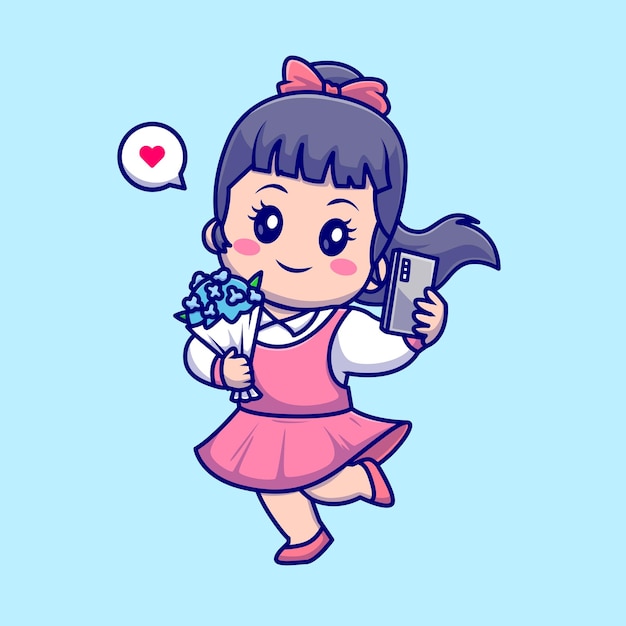 Free vector cute girl holding selfie with flower bouquet cartoon vector icon illustration. people technology