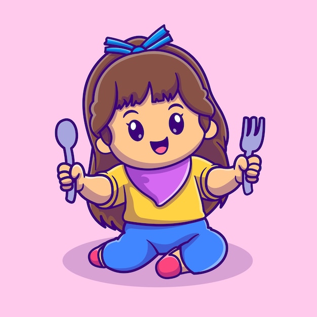 Free Vector cute girl holding spoon and fork cartoon vector icon illustration people food icon concept isolated