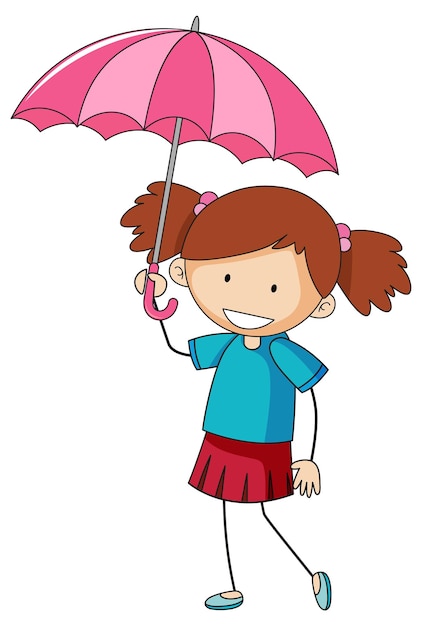 Cute girl holding umbrella doodle cartoon character isolated