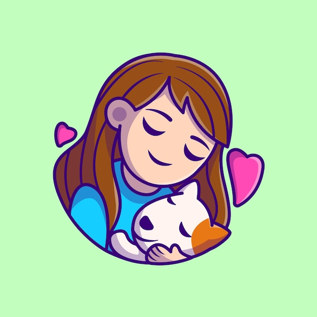 Cute Girl Hug Dog Cartoon Illustration. Flat Cartoon Style