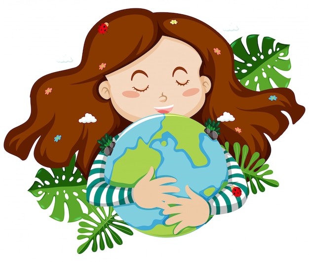 Cute girl hugging blue earth with leaves in background