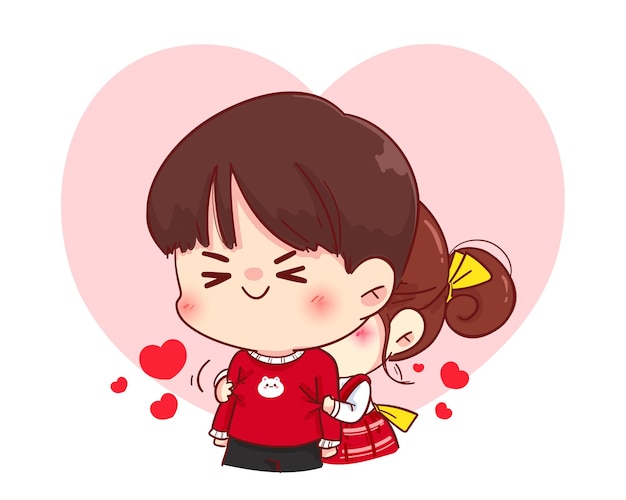 Cute girl hugging her boyfriend from behind, happy valentine, cartoon character illustration