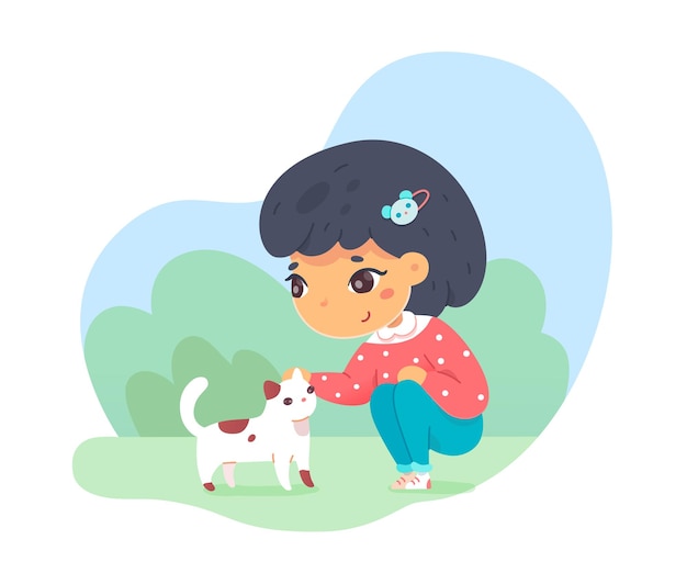 Cute girl petting cat outdoors child takes care of pet spending time with domestic animal in city park Good kid behavior scene friendship communication