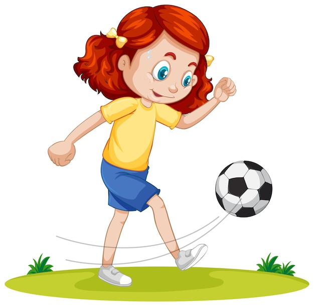 Cute girl playing football cartoon character isolated