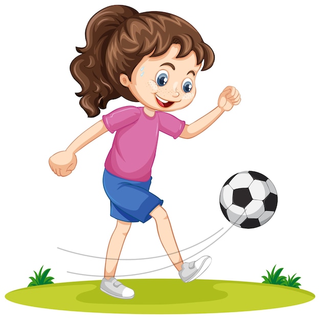 Cute girl playing football cartoon character isolated