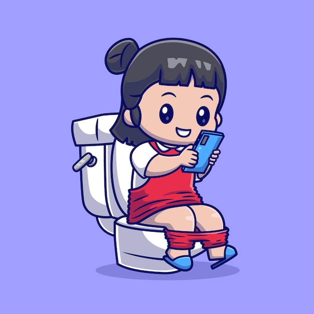 Free Vector cute girl playing phone on toilet cartoon vector icon illustration people technology isolated flat