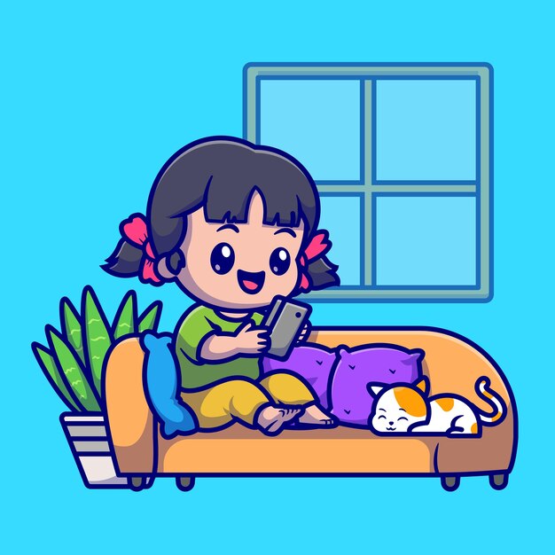 Cute Girl Playing Phone With Cat on Sofa Cartoon Vector Icon Illustration. People Animal Icon Concept Isolated Premium Vector. Flat Cartoon Style