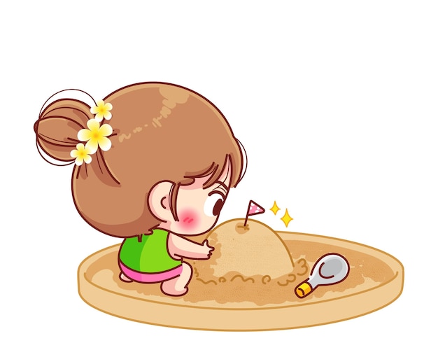 Cute girl playing sand mountains Songkran festival sign of Thailand cartoon illustration