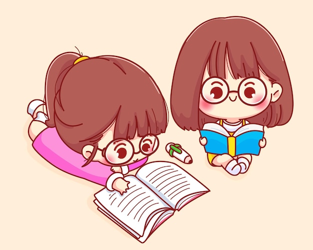 Cute girl read book cartoon character illustration