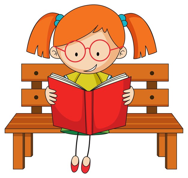 Cute girl reading book doodle cartoon character