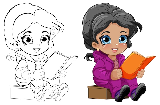 Cute Girl Reading Book Outline for Colouring