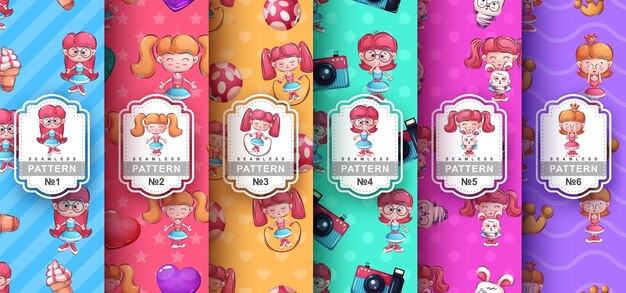 Cute girl - set seamless pattern