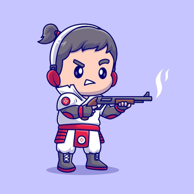 Free Vector cute girl shooting with shotgun weapon cartoon vector icon illustration. people holidays isolated