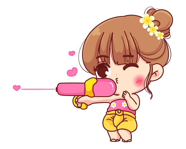 Cute girl in thai clothings is holding water gun, Songkran festival sign of Thailand cartoon illustration