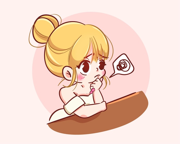 Cute girl thinking pose logo banner hand drawn cartoon art illustration