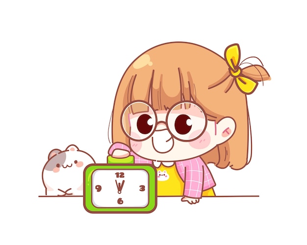 Cute girl Turn off alarm clock cartoon illustration