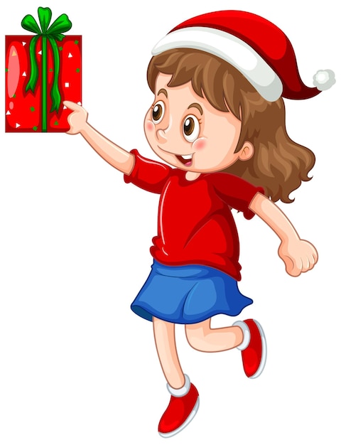 Cute girl wearing Christmas hat and holding a gift box on white