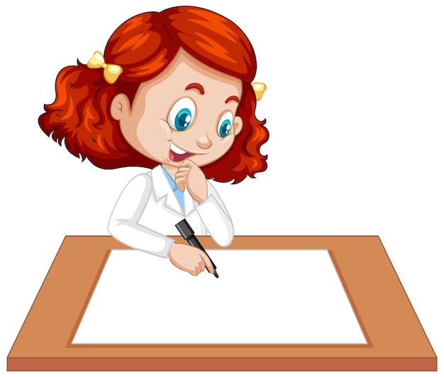 Cute girl wearing scientist uniform writing on blank paper