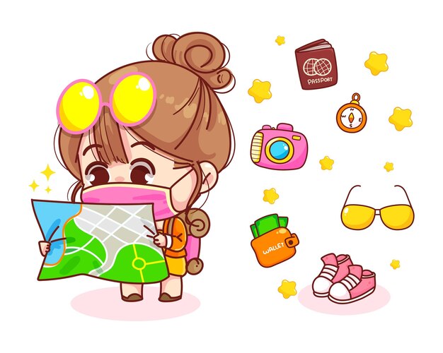 Cute girl with backpack looking at map cartoon illustration