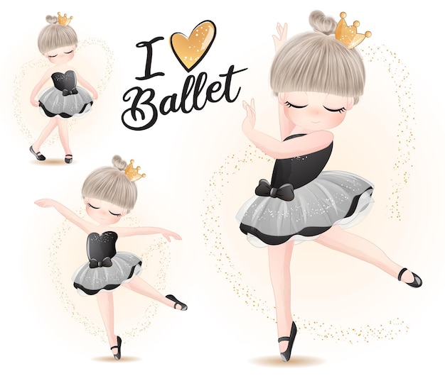 Free Vector cute girl with ballerina watercolor illustration set