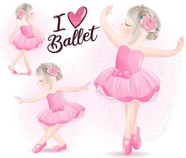 Cute girl with ballerina watercolor illustration set