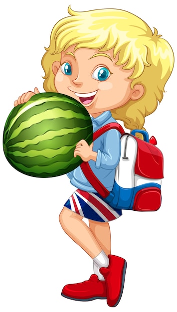 Free Vector cute girl with blonde hair holding a watermelon in standing position