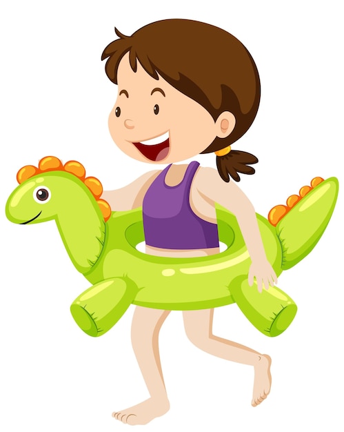 Cute girl with dinosaur swimming ring isolated