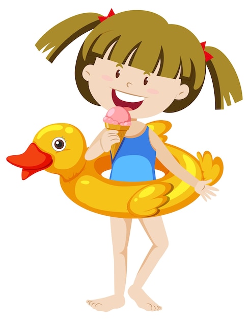 Cute girl with duck swimming ring isolated