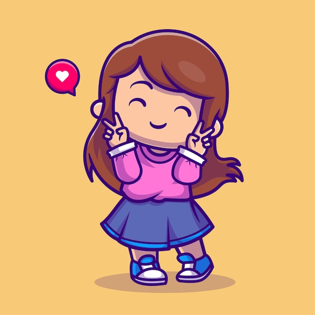 Cute Girl With Peace Sign Cartoon Vector Icon Illustration People Fashion Icon Concept Isolated Premium Vector. Flat Cartoon Style