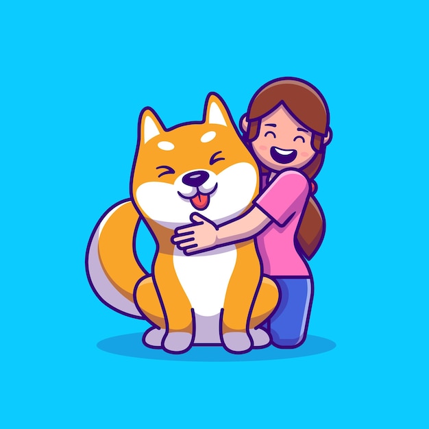 Cute Girl With Shiba Inu Dog Cartoon Illustration