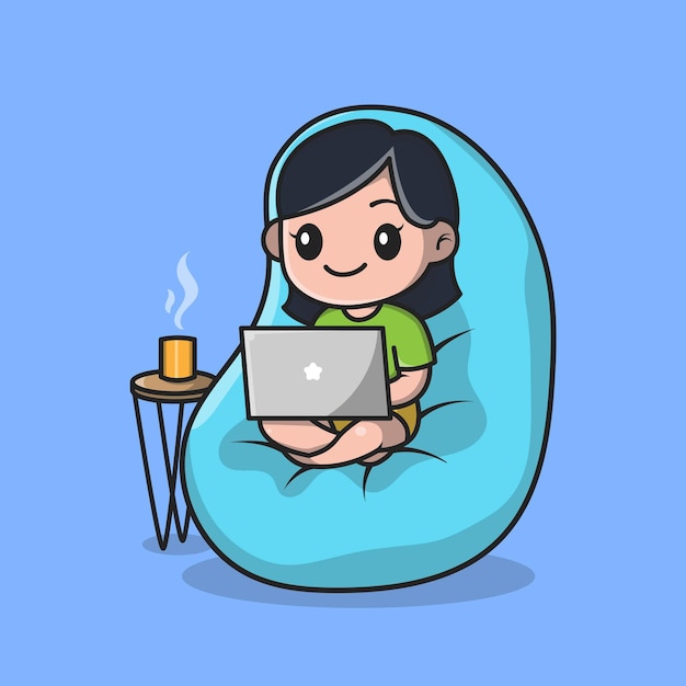 Cute Girl Working On Laptop Cartoon 