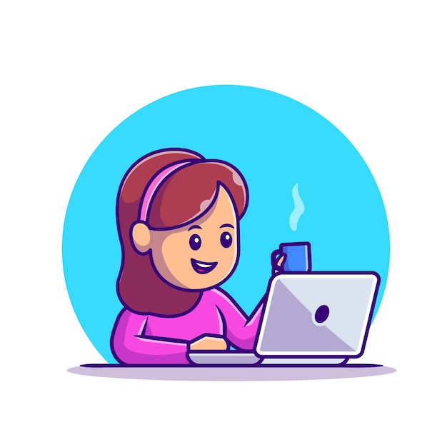 Cute girl working on laptop with coffee cup illustration