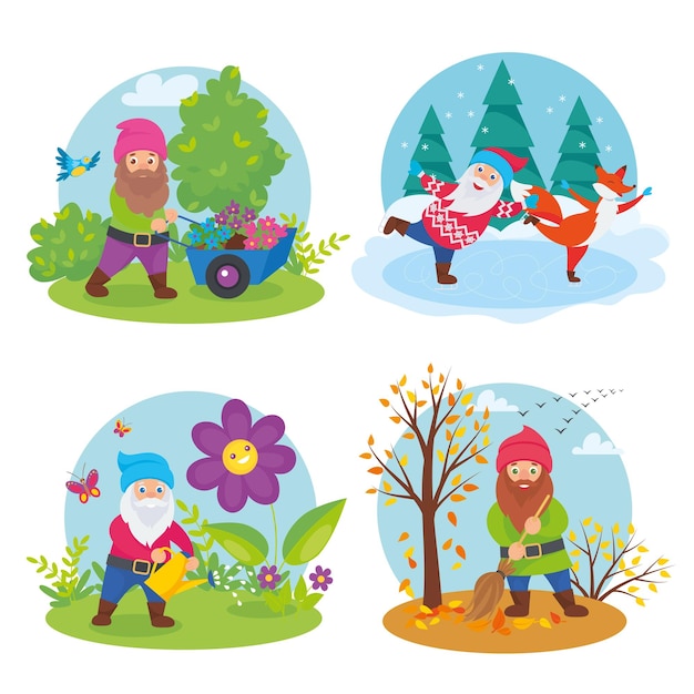 Cute gnomes flat set with four isolated compositions representing four seasons with dwarfs performing garden works vector illustration